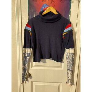 We The Free Free People Navy Blue Rainbow Stripe Thermal Turtleneck XS